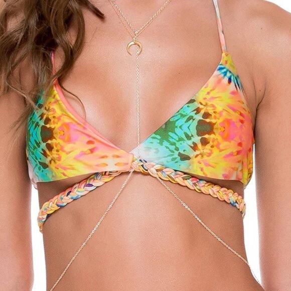 NWT Luli Fama XL Crossover Halter Bikini Top Reversible Sol Multicolored Print - Picture 1 of 6